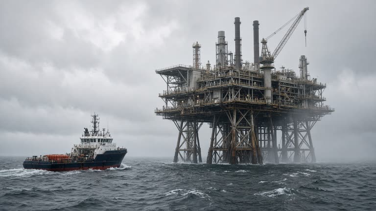 North Sea offshore oil platform under low cloud with supply vessel nearby, grey-green water, industrial steel structures, documentary framing, no logos or readable text