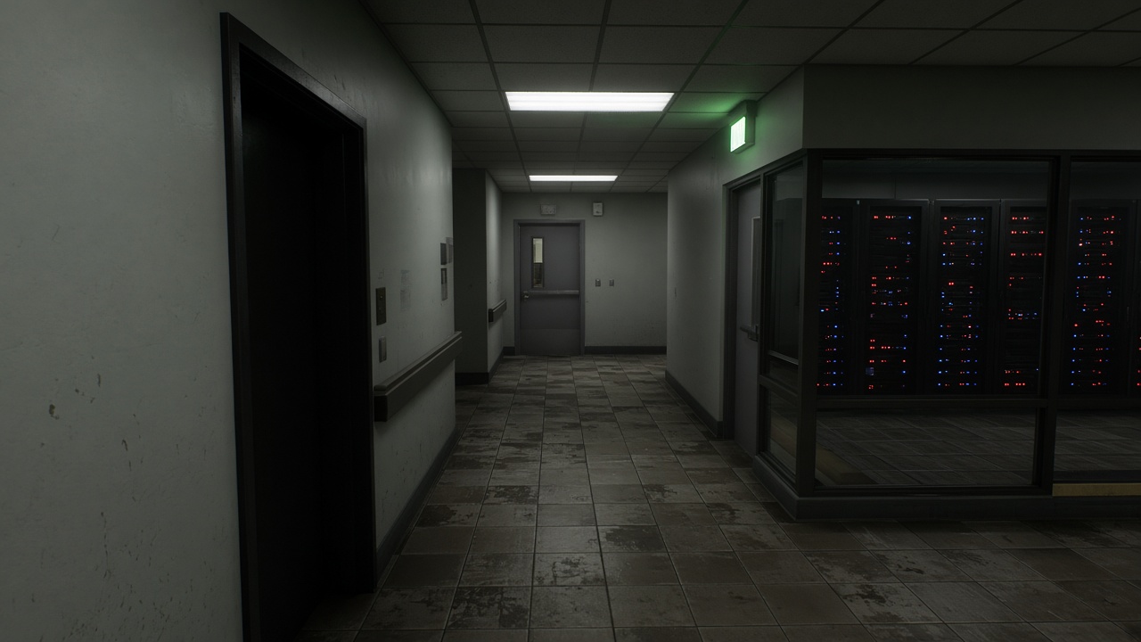 Dim office corridor outside a data center with red and blue indicator lights on rack doors, scuffed tile floor, emergency exit sign glow, no logos or readable text