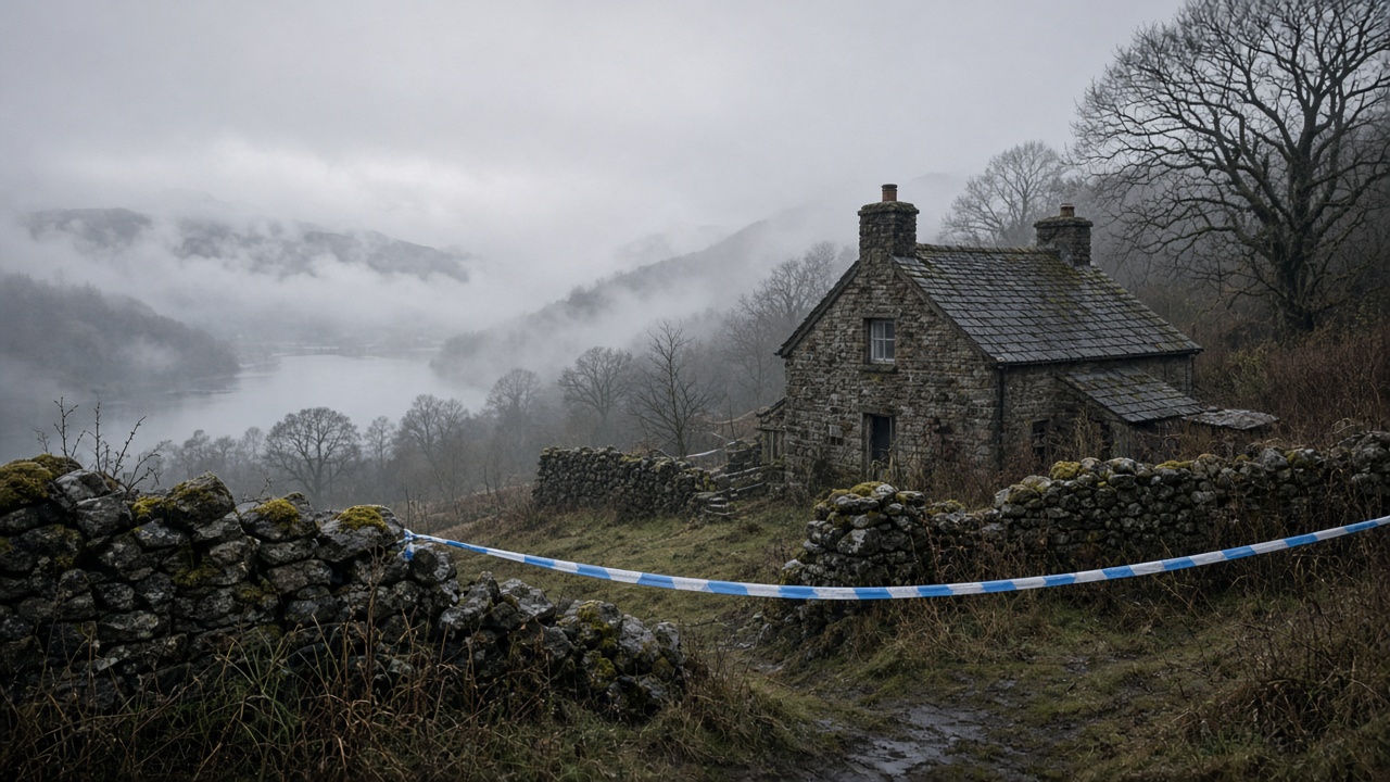 Misty Lake District hillside with stone cottage and police tape fluttering, grey dawn light, cinematic documentary grain, no logos or readable text