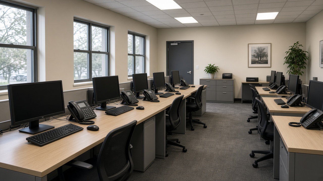 Empty securities branch office with desktop monitors and telephones on desks, fluorescent lighting, no logos or readable text