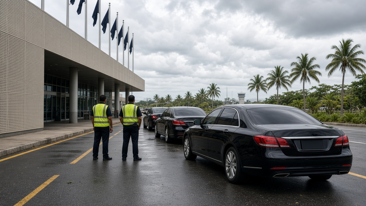 Curbside at a tropical airport terminal with diplomatic black sedans and flag poles without readable insignia, humid overcast sky, ground crew in vests seen from behind, no logos or readable text