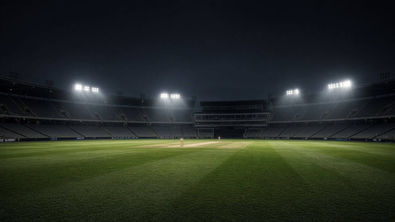 A floodlit cricket stadium outfield at night with empty stands and wicket lights, dewy grass, dark sky, no players facing camera, no logos or readable text
