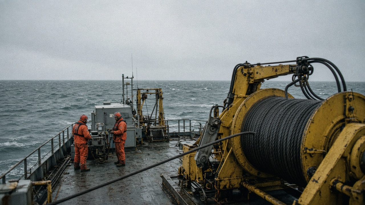 Research vessel deck with oceanographic winch and cable spool, grey sea horizon, crew in safety gear at distance, overcast light, no logos or readable text