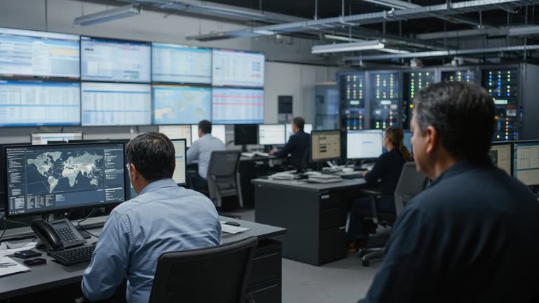 Government cybersecurity operations room with analysts at workstations, wall-mounted status boards with blurred unreadable text, cool fluorescent lighting, cable trays and server status lights in background, no logos or readable text