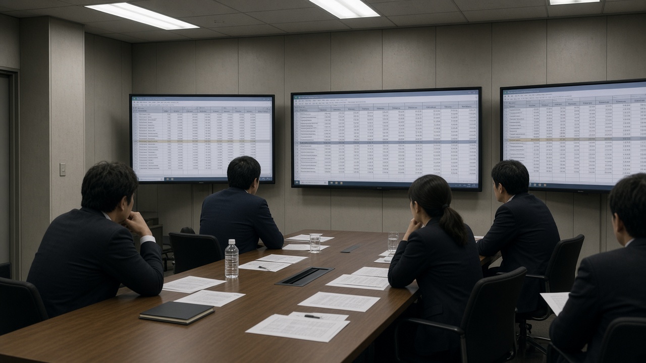 A quiet Bank of Japan annex conference room with analysts reviewing anonymized loan tables on wall-mounted monitors, fluorescent ceiling panels, matte wood table, no logos or readable text