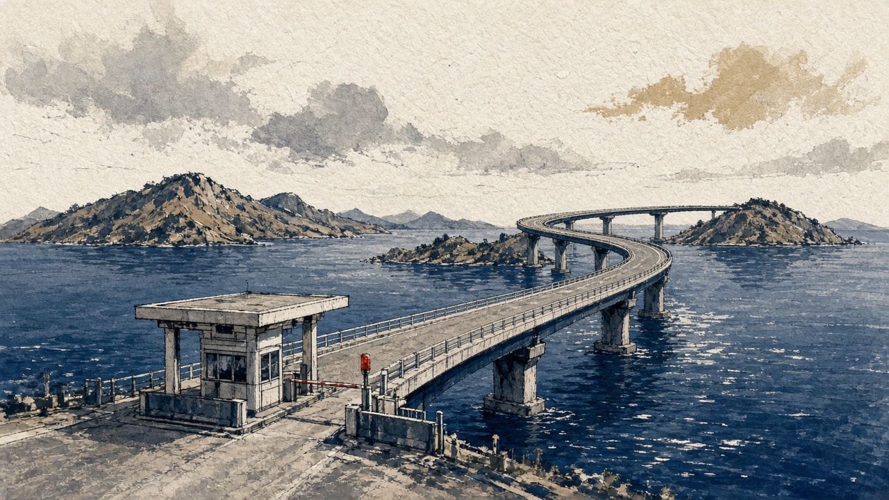 Expressway bridge spans over calm inland sea water with a small toll gate structure at the foreground