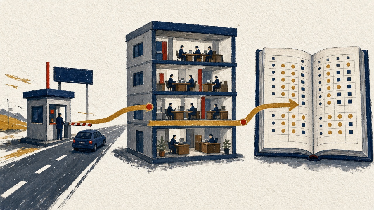 Diagram-style cutaway showing coins moving from a toll booth to a corporate office box and then to a government ledger book