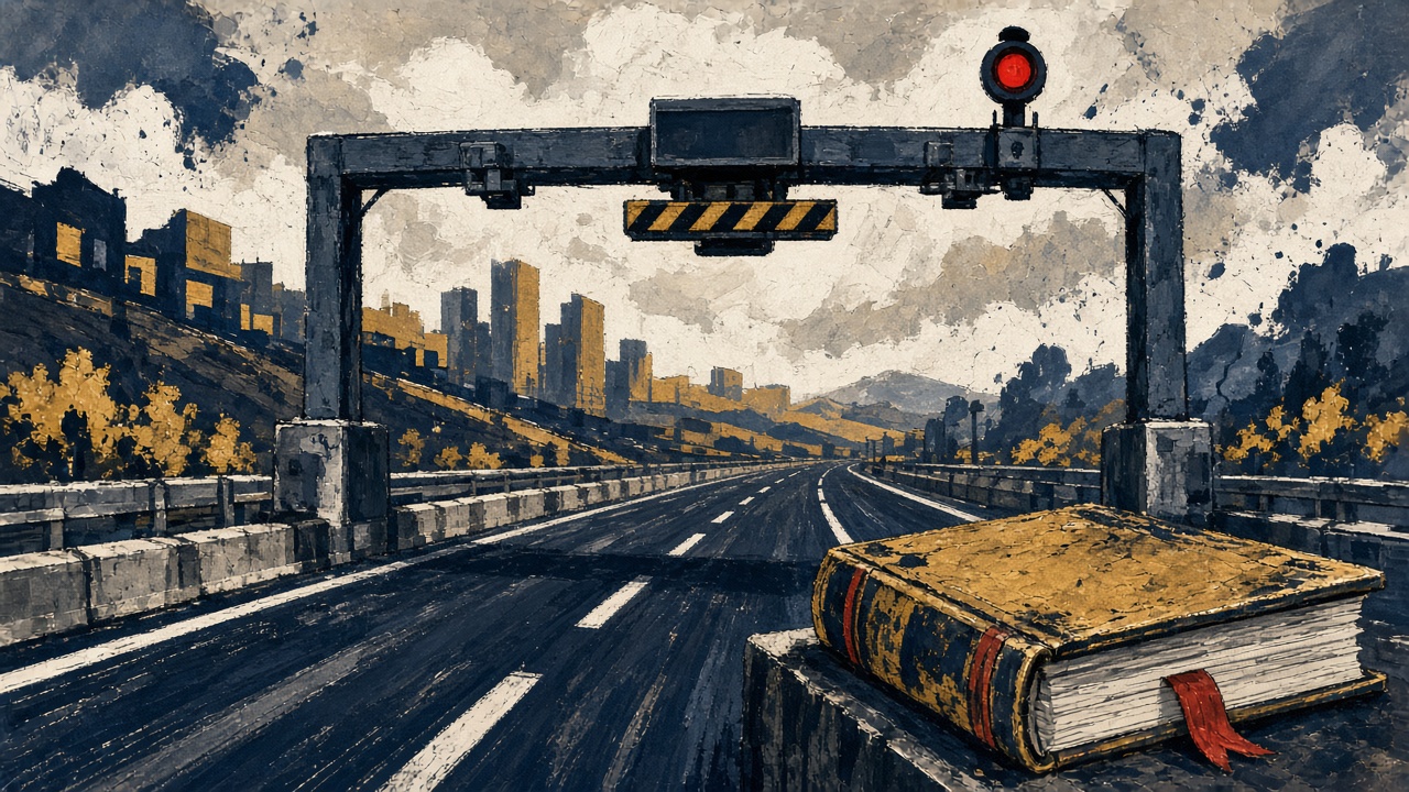 ETC antenna gate over an expressway lane beside a ledger book with bond columns
