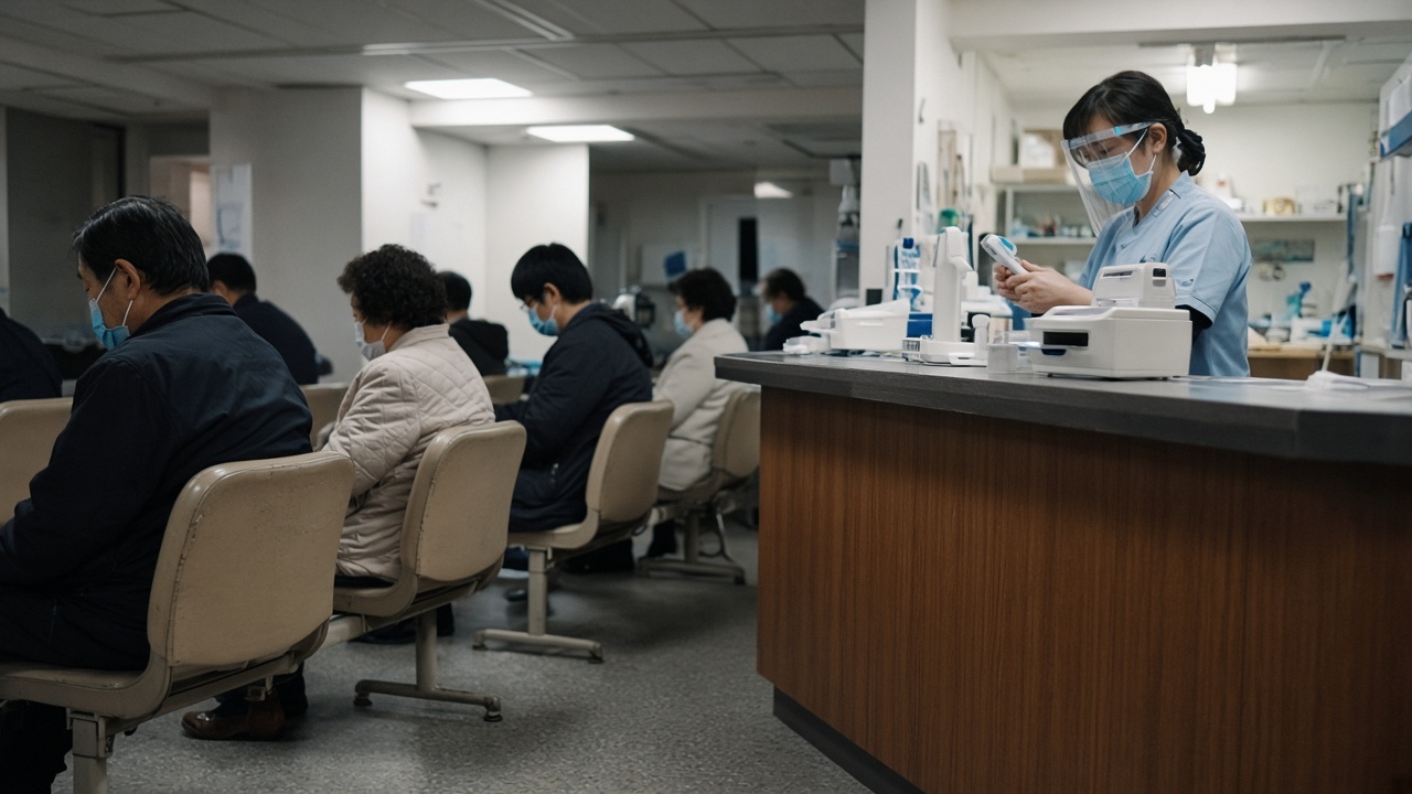 Patients wearing masks wait on plastic chairs in a brightly lit Japanese clinic waiting room while a nurse in a face shield checks a thermometer at the reception desk.