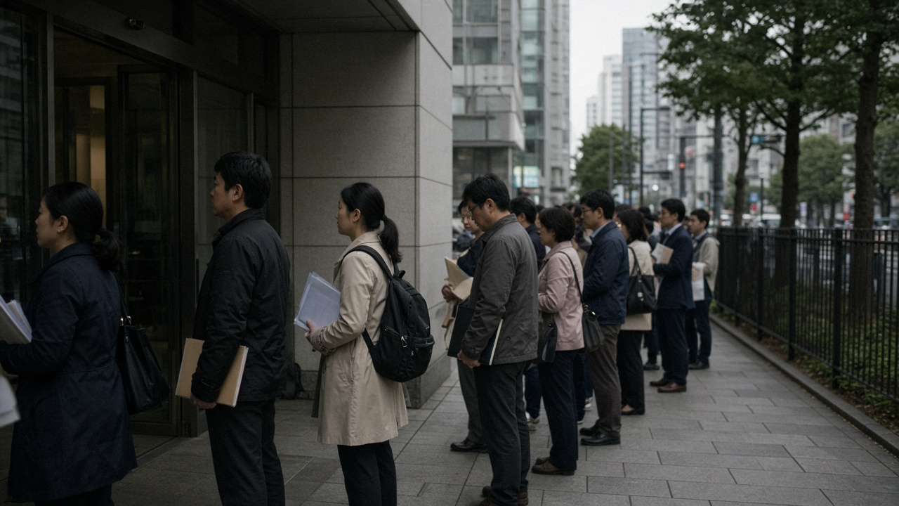 Applicants queue outside a Tokyo immigration office on a weekday morning, holding document folders under overcast skies.