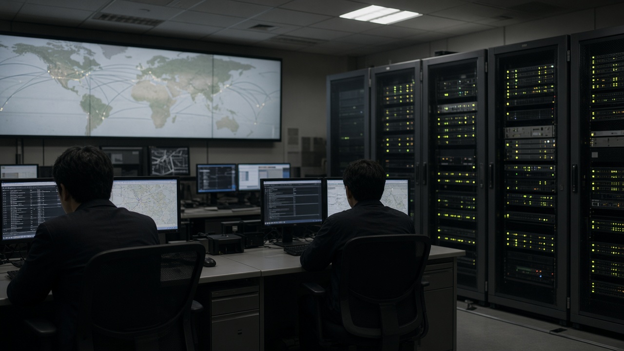 Operators in a dim Tokyo network monitoring room study multiple server rack indicator lights while a wall display maps overseas IP traffic routes