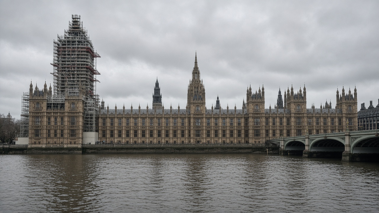 Exterior of the Palace of Westminster on a cloudy morning, Thames visible, scaffolding on tower, no flags or readable text