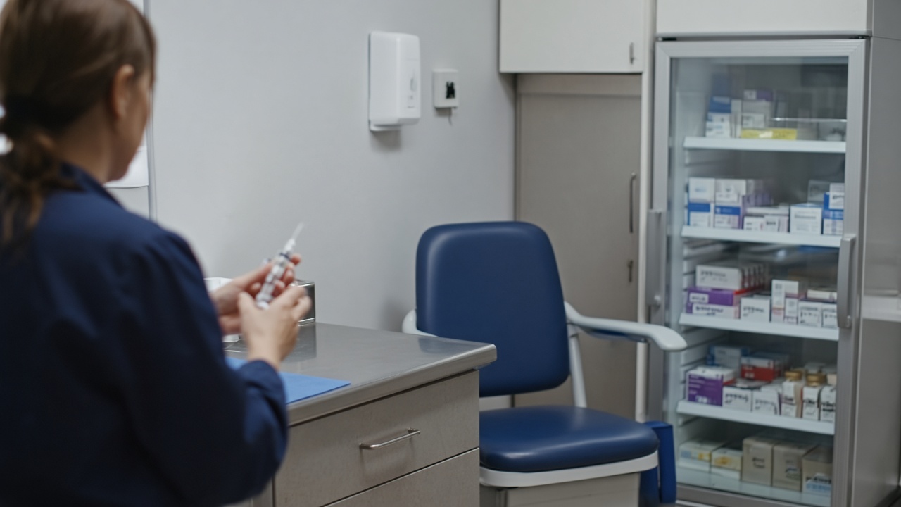 Community pharmacy consultation room with vaccine fridge and chair, clinician preparing a syringe out of focus, no readable labels or logos