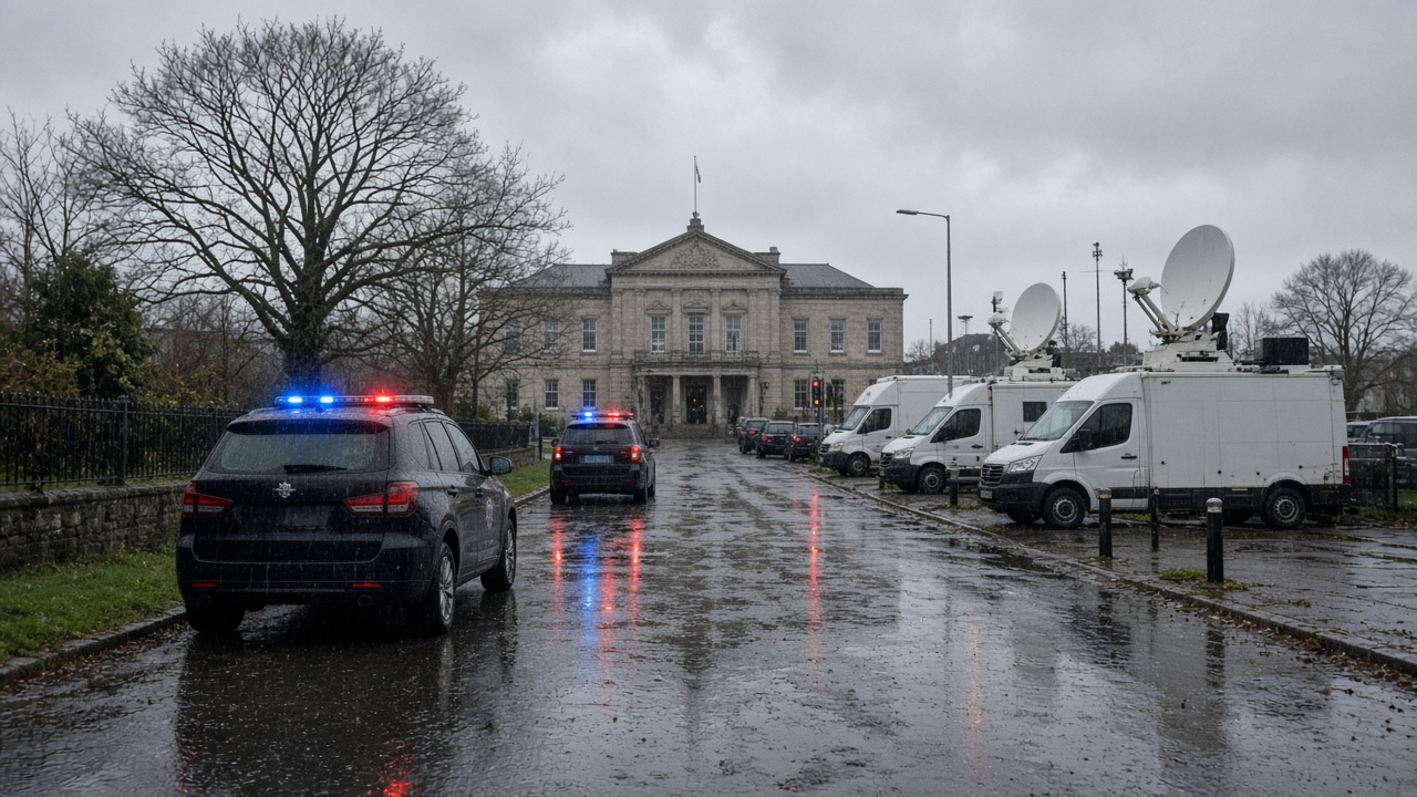Police vehicles and broadcast vans line the approach to Newry Crown Court on a wet morning in County Down