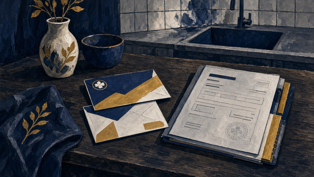 A kitchen table with two NHIS payment envelopes beside a jeonse contract folder