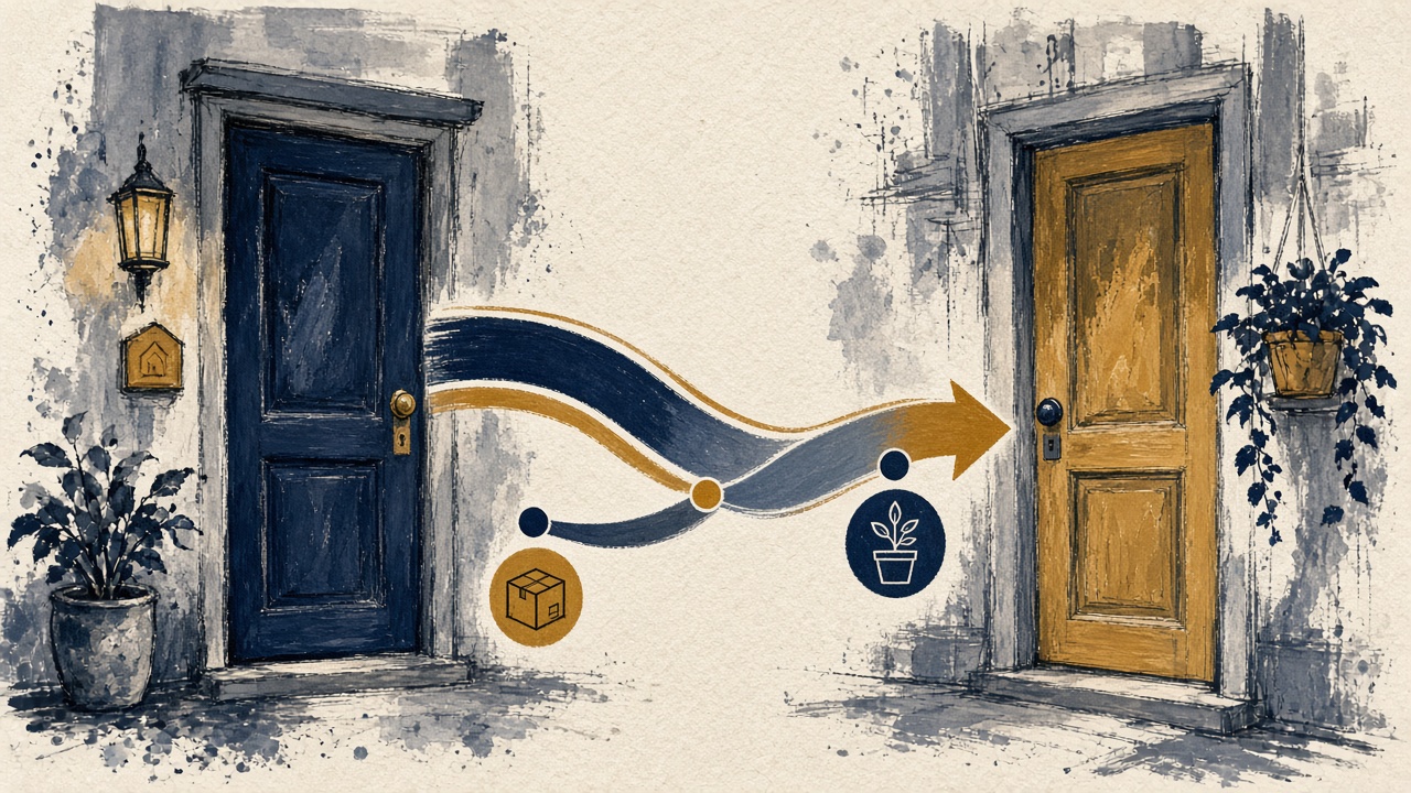 Two apartment doors on a timeline with different move-in dates marked