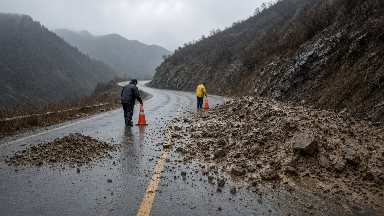 Mountain road with mud and rocks covering one lane while workers in rain gear place orange traffic cones under grey rainy sky, no logos or readable text