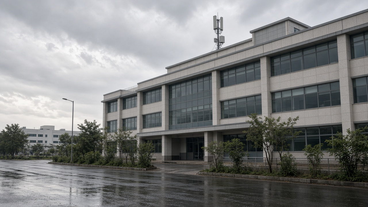 Pune suburban IT park building with small outdoor 5G antenna on a rooftop parapet, overcast sky after rain, wet asphalt, no logos or readable text