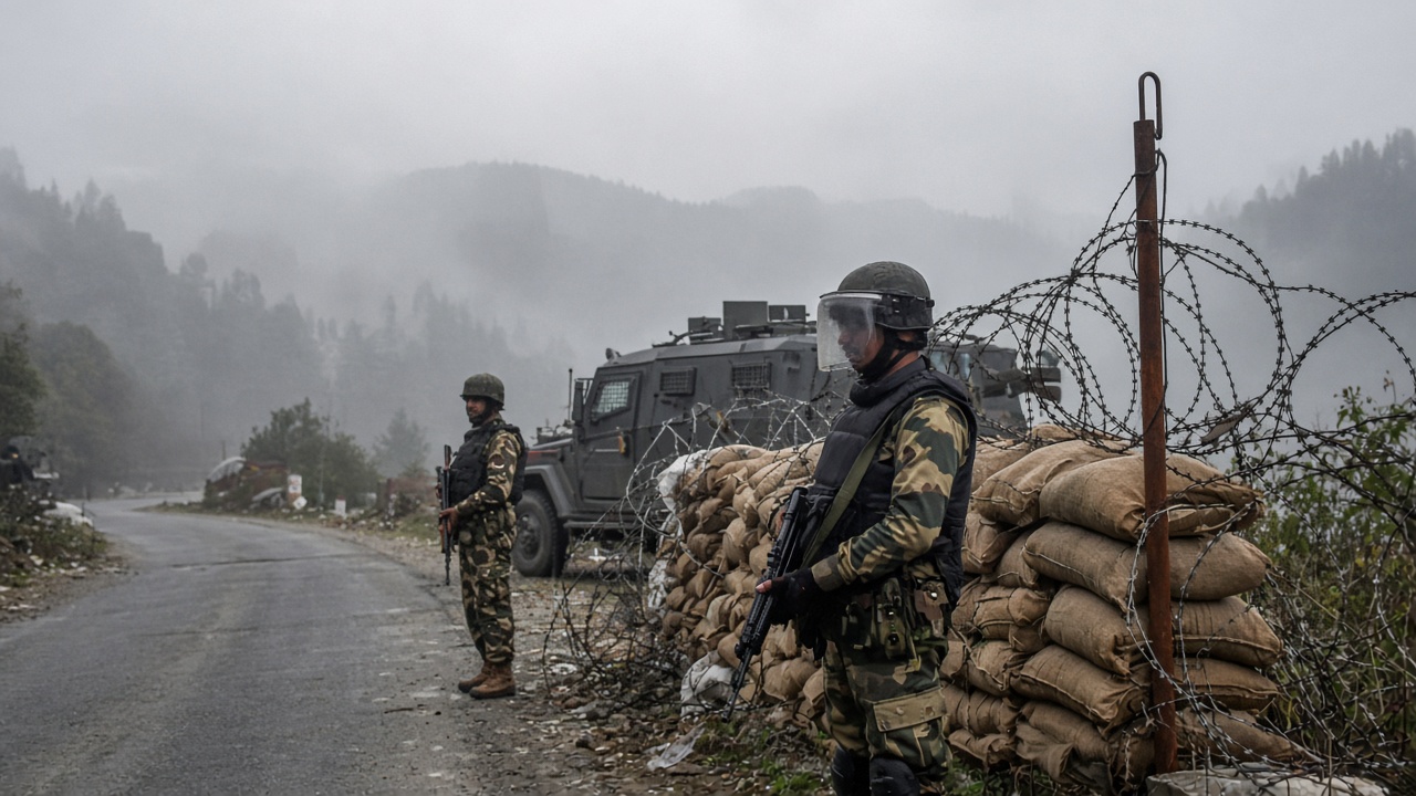 Indian paramilitary personnel in riot gear man a checkpoint on a misty mountain road in Kashmir, with sandbags, barbed wire and a parked armoured vehicle behind them.
