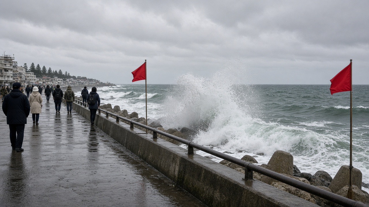 Pacific seawall in Kanagawa prefecture with warning flags, large breakers crashing, overcast Sports Day holiday crowd keeping distance