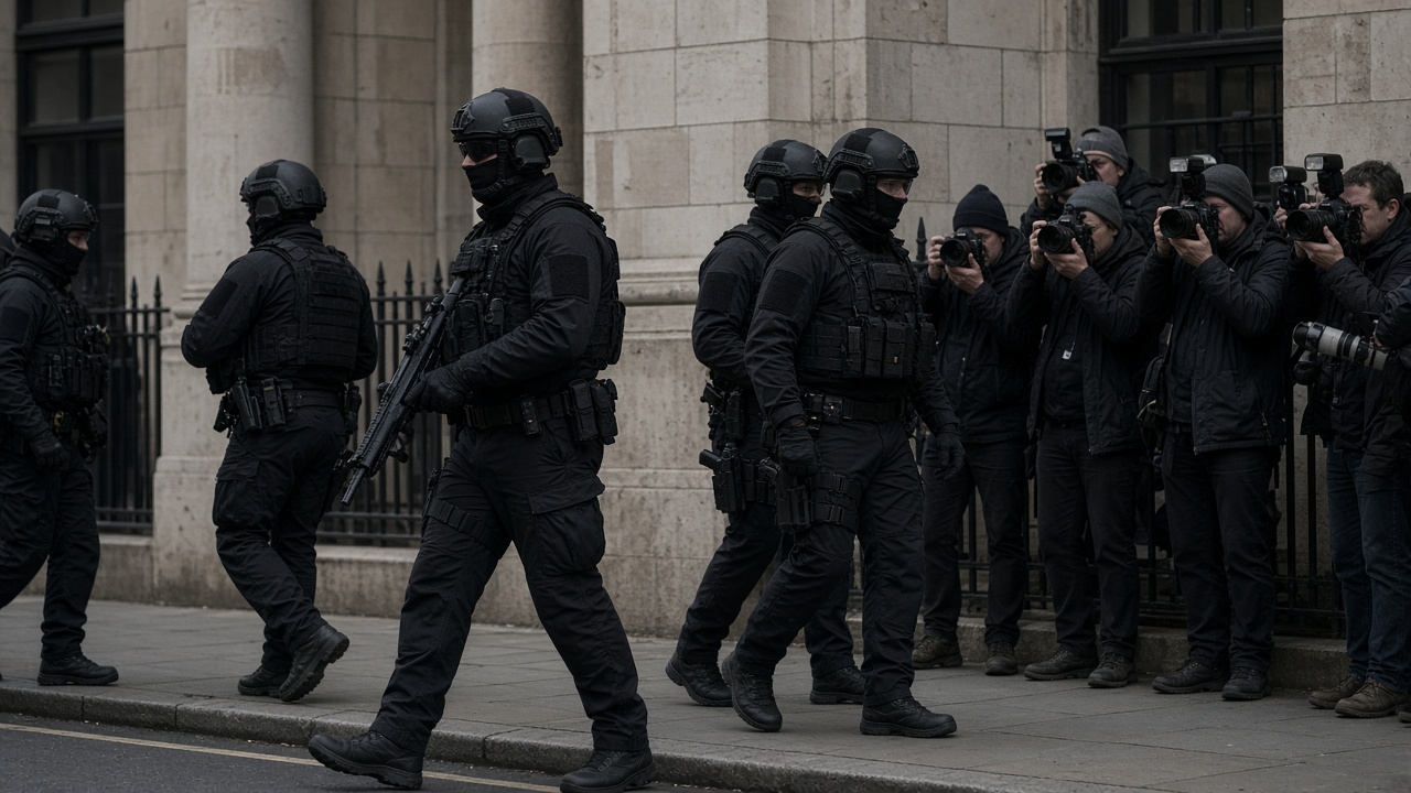 Counter-terrorism officers walk outside a London magistrates court building on an overcast afternoon, press photographers on the pavement