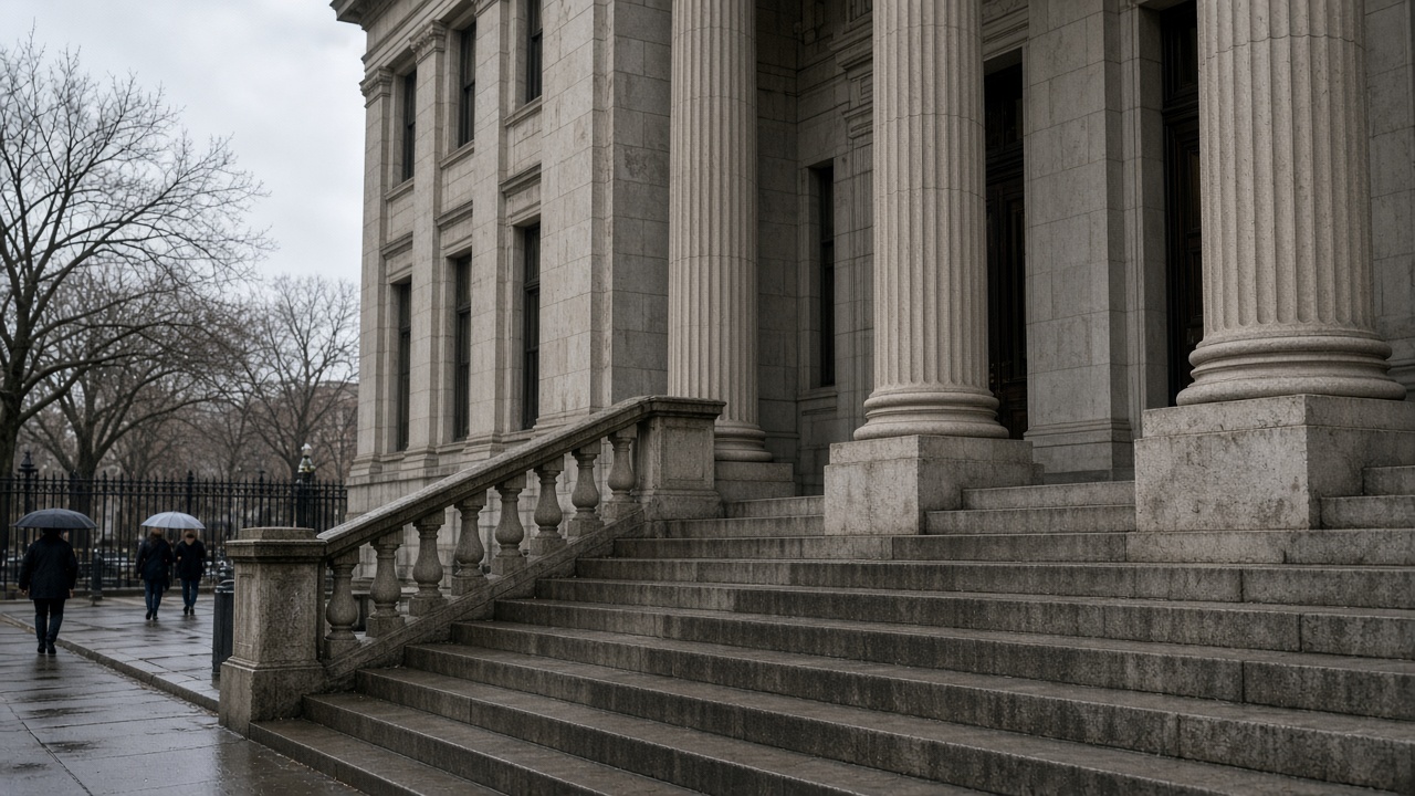 Exterior steps of a granite courthouse with columns, overcast sky, a few pedestrians with umbrellas at distance, no faces identifiable, no logos or readable text