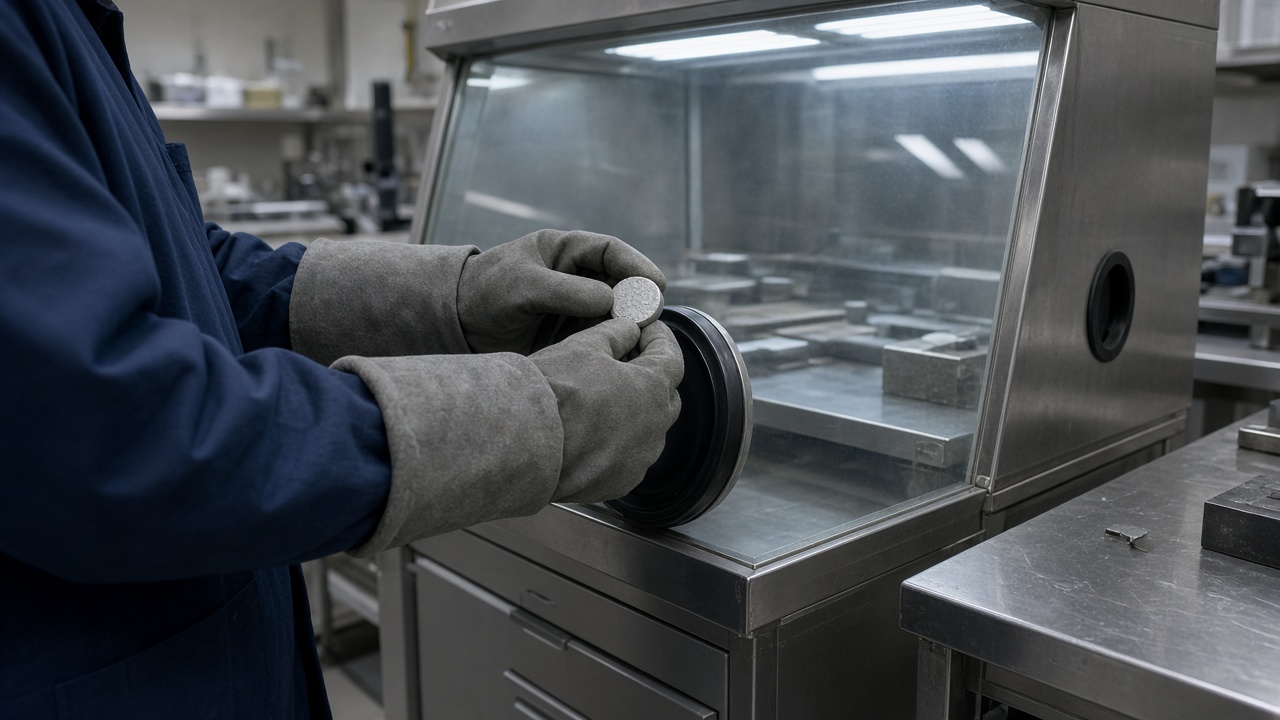 University materials lab with argon glove box, researcher hands in thick gloves holding a small ceramic pellet, stainless benches, cool LED panels, no logos or readable text