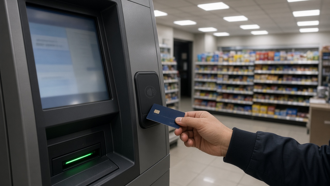 Interior of a Korean convenience store payment kiosk with a hand holding a payment card near the scanner, fluorescent ceiling lights, snack shelves blurred in background, reflective floor tiles, no logos or readable text