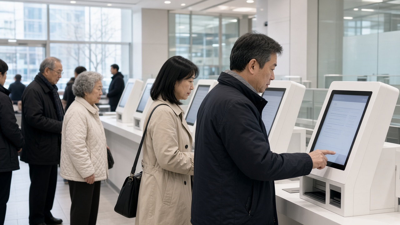 Customers line up at a bright digital bank service kiosk inside a Seoul retail lobby, matte white counters, no logos or readable text