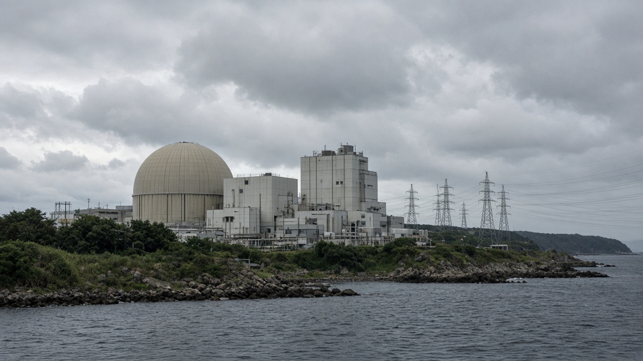 Coastal Mihama nuclear plant with reactor buildings and transmission lines on a cloudy day, documentary wire photo