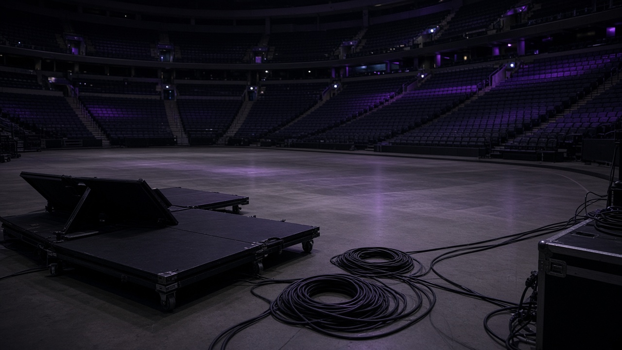 Indoor arena bowl with folded stage platforms and coiled cable bundles on concrete floor, purple house lights dim, empty seats rising in tiers, no people, no logos or readable text