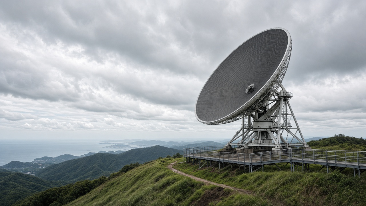 Radio telescope dish on a Jeju hillside under cloudy sky, grassy terrain, maintenance walkway, no logos or readable text