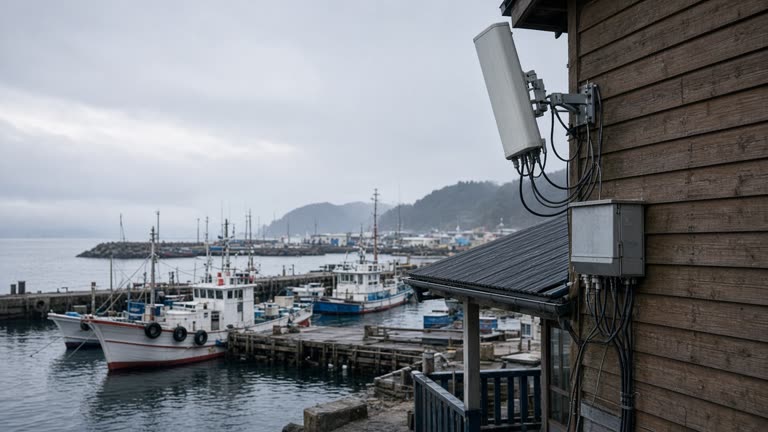 Small fishing port with boats moored at dawn, a rooftop cellular antenna and outdoor router box on a wooden office wall, overcast Hokkaido light, no logos or readable text