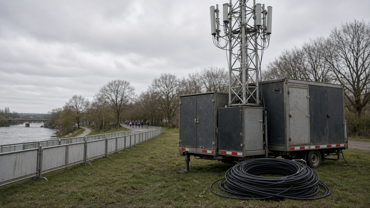 A portable cell tower trailer parked beside a riverside marathon course barrier with coiled fiber cable on the grass, overcast sky, no logos or readable text