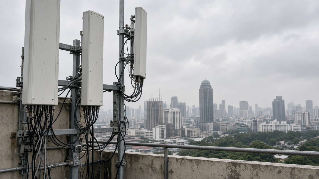 Cellular base station antennas on a rooftop against overcast Singapore skyline haze, metal mounts and coax cables, no logos or readable text