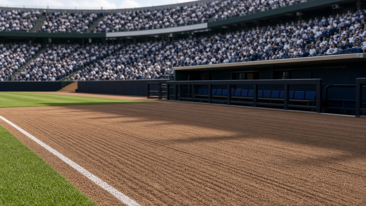 Baseball stadium infield before game time, empty dugouts and groomed dirt, afternoon shadows, seats filling in background, no logos or readable text