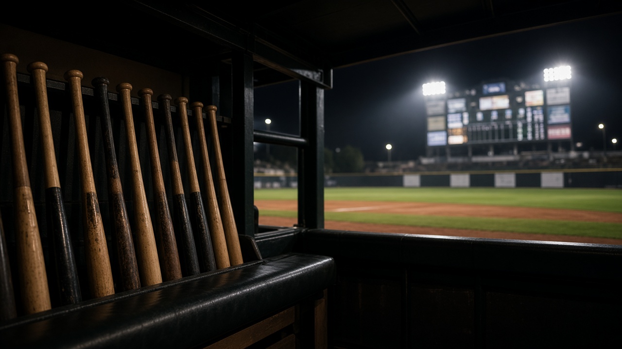 Professional baseball dugout with bats in racks and a distant illuminated scoreboard under night stadium lights, players not visible, no logos or readable text