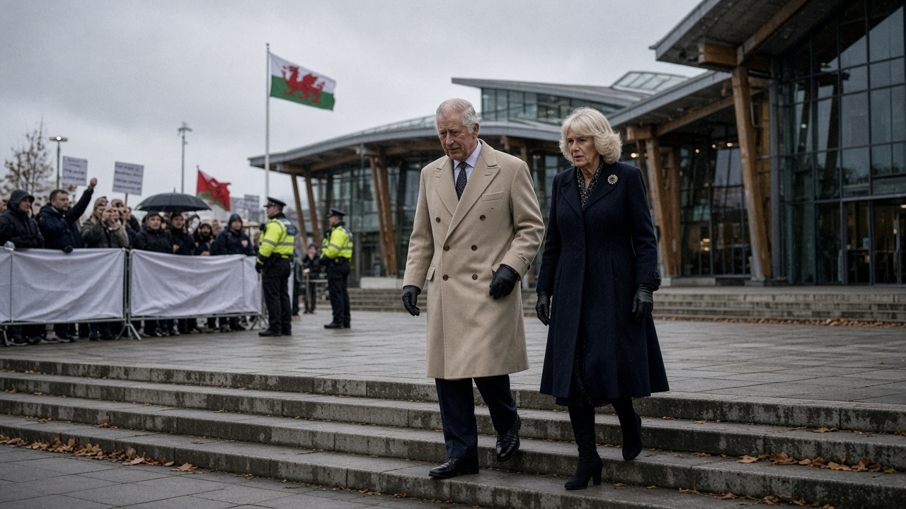 King Charles III and Queen Camilla walk the steps of the Senedd in Cardiff Bay as Welsh flags and a small group of protesters gather behind police tape under grey autumn skies.