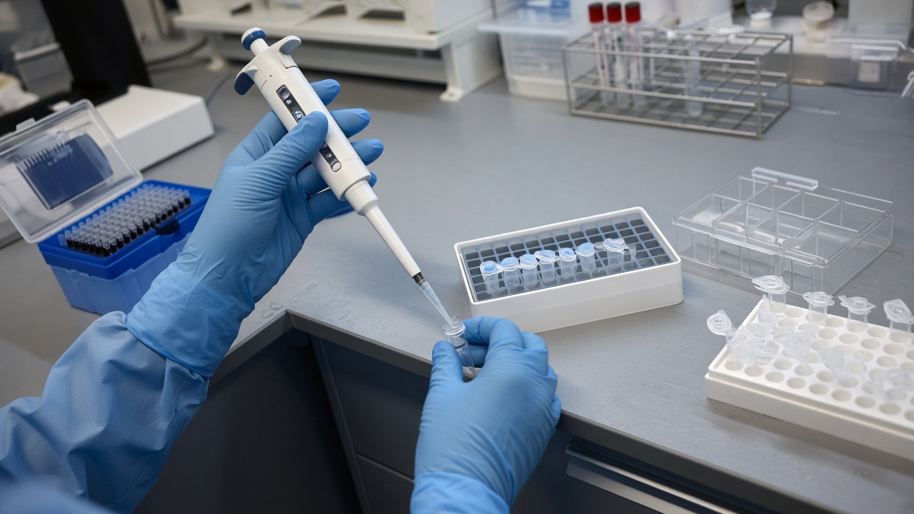 UK biomedical laboratory bench with pipettes and microcentrifuge tubes under cool LED lighting, researcher hands gloved out of frame, no readable labels