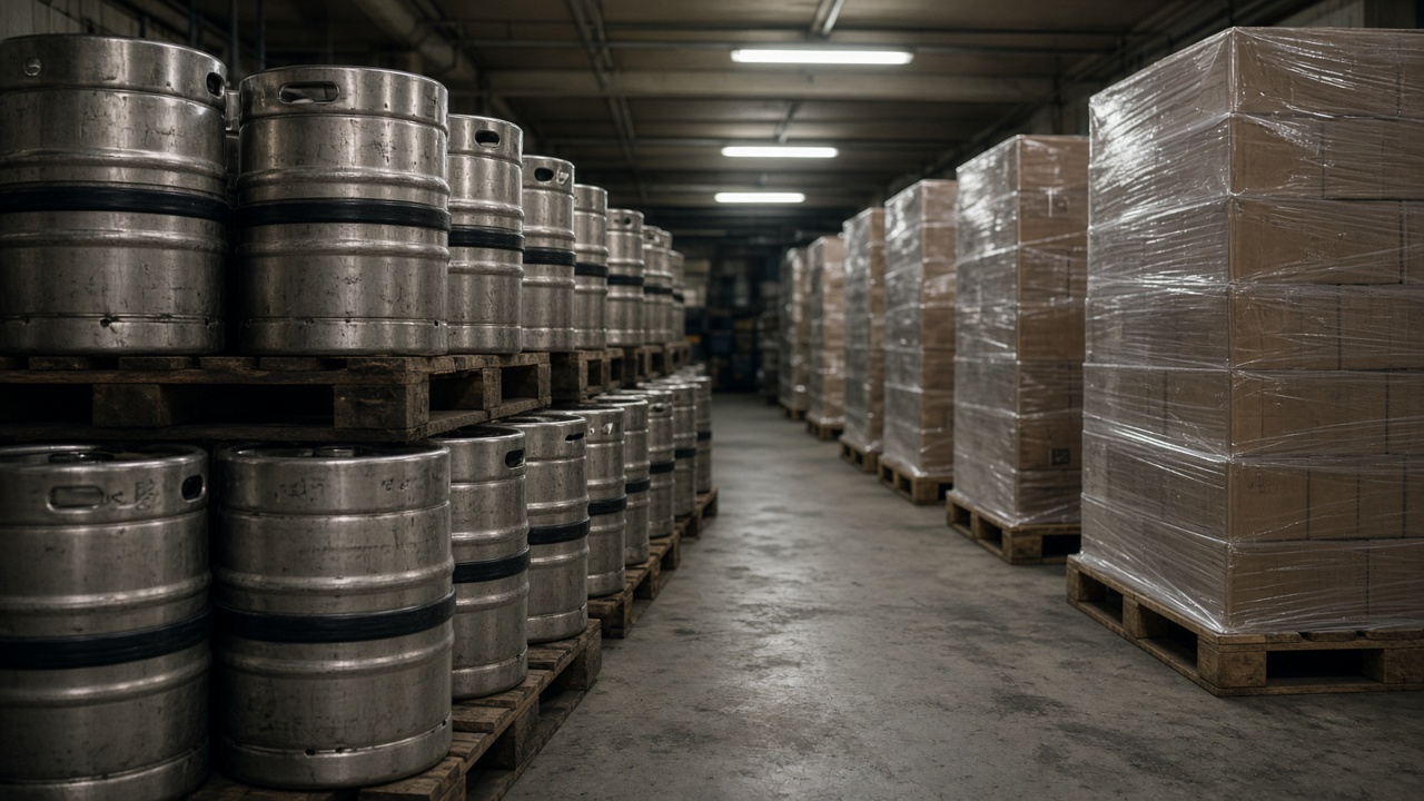 Stacked beer kegs and shrink-wrapped pallets inside a dim wholesale warehouse aisle with fluorescent ceiling lights, cardboard labels turned away from camera, no logos or readable text