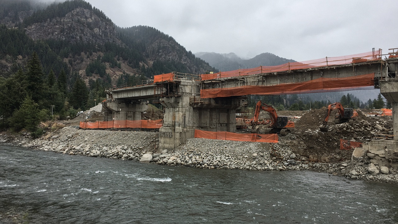 Concrete bridge reconstruction site along a mountain river with orange safety netting and excavators on a gravel bank, overcast light, no readable signage