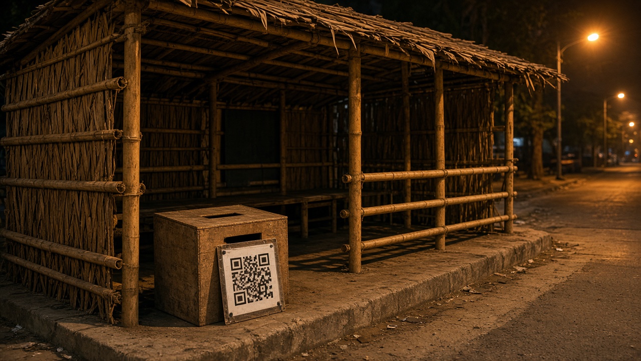 Temporary bamboo pandal structure with donation box and laminated QR code placard at street level, evening sodium street lamps, no logos or readable text