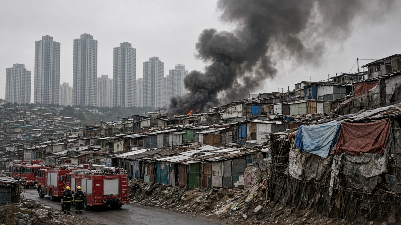 Black smoke rising above hillside shanty homes in Guryong Village with Gangnam high-rises in the background and fire trucks on a narrow road