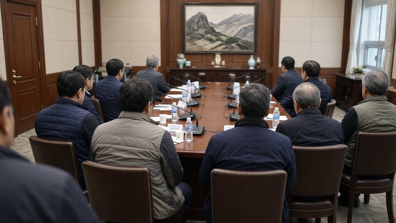 President Lee Jae Myung speaks across a long table to farmers and fishermen wearing vests and name tags during a Cheong Wa Dae meeting in Seoul.