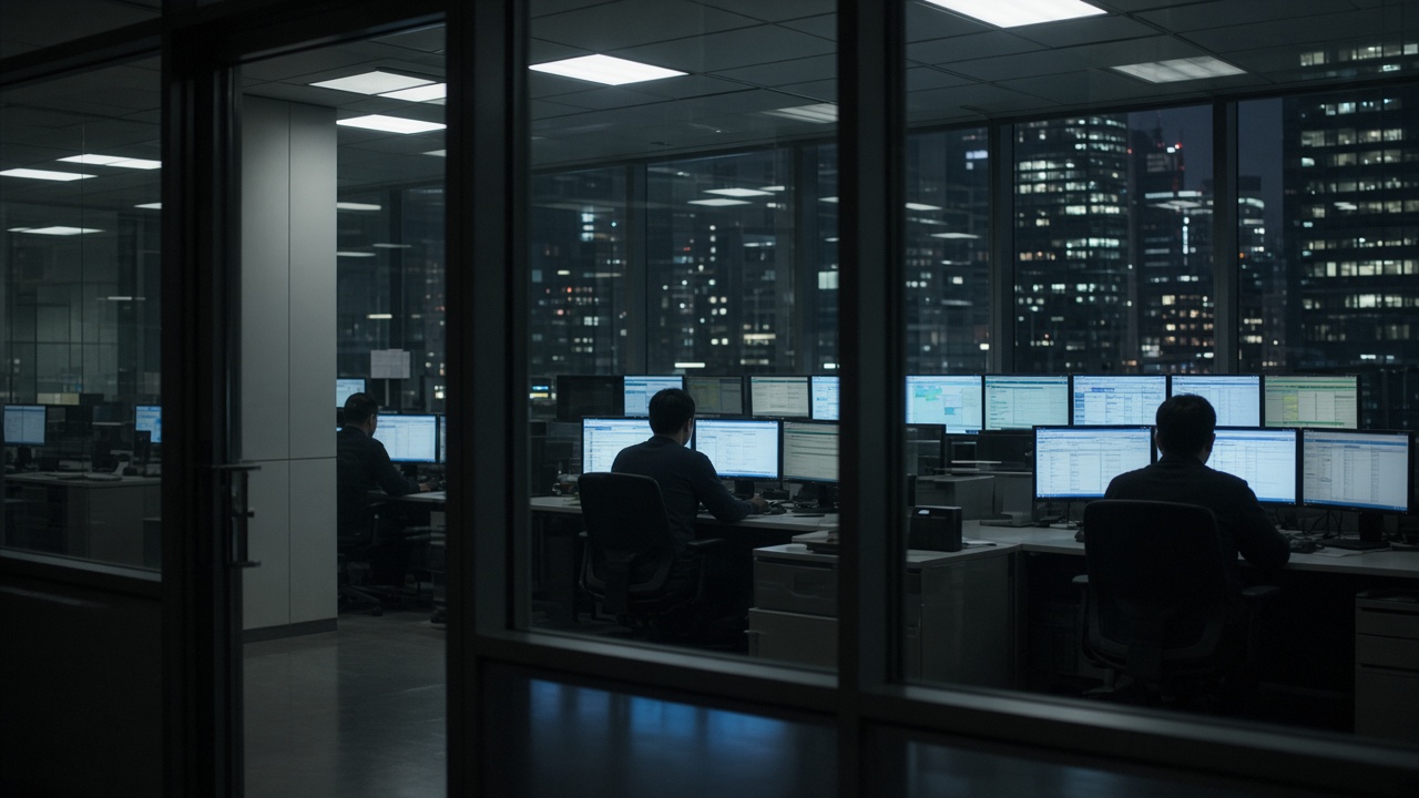 Night view of a Seoul financial district office tower with IT staff working at glowing monitors in a security operations room visible through glass