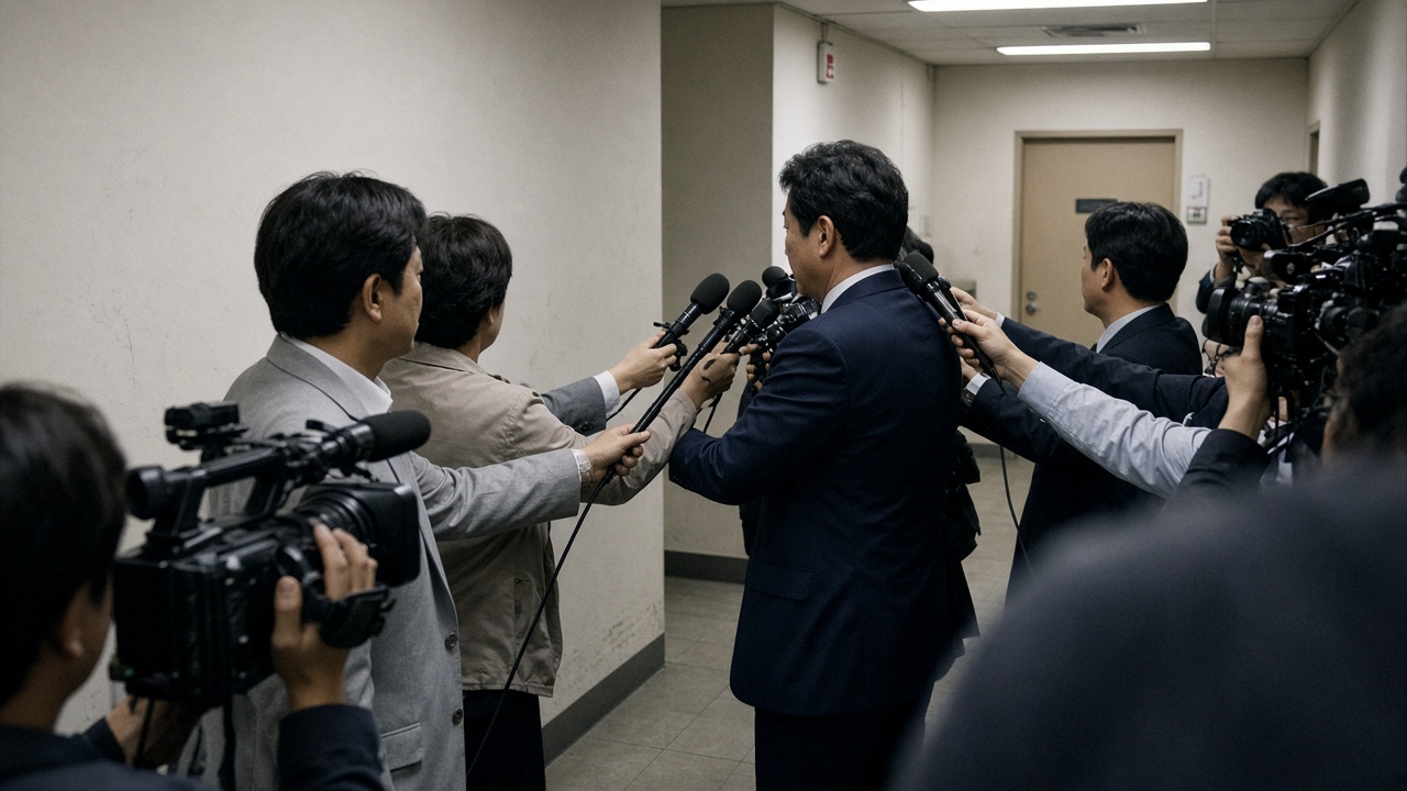 Reporters and photographers crowd a hallway outside a government briefing room in Seoul, microphones extended toward officials in dark suits.