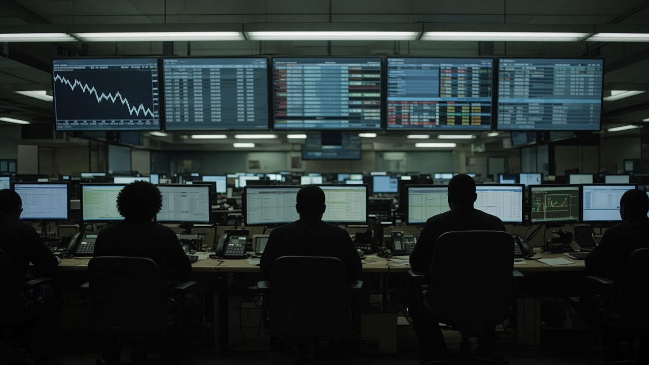 Stock exchange dealing room with large electronic price boards and rows of desks under cool fluorescent light, traders shown as silhouettes from behind, no logos or readable text