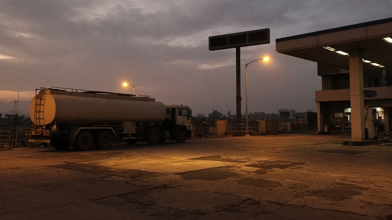Indian Oil fuel station forecourt in Mumbai at dusk with tanker truck and price board silhouettes, sodium street lighting, worn asphalt, no logos or readable text