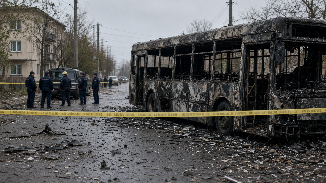 Emergency workers and police tape on a debris-strewn street in Kramatorsk after a burned municipal bus was hit in a morning attack, October 8, 2026.