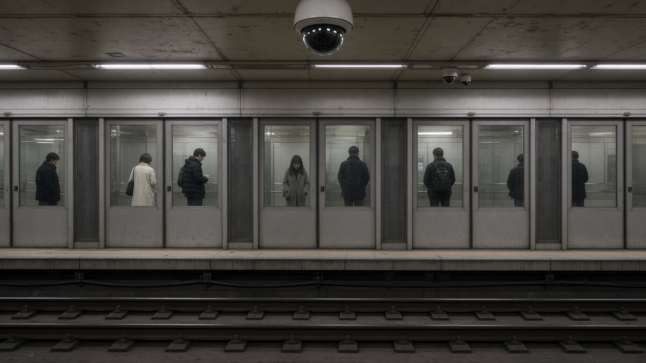 Seoul subway Line 9 platform with ceiling-mounted CCTV domes and fluorescent lighting, passengers waiting behind safety doors, no logos or readable text